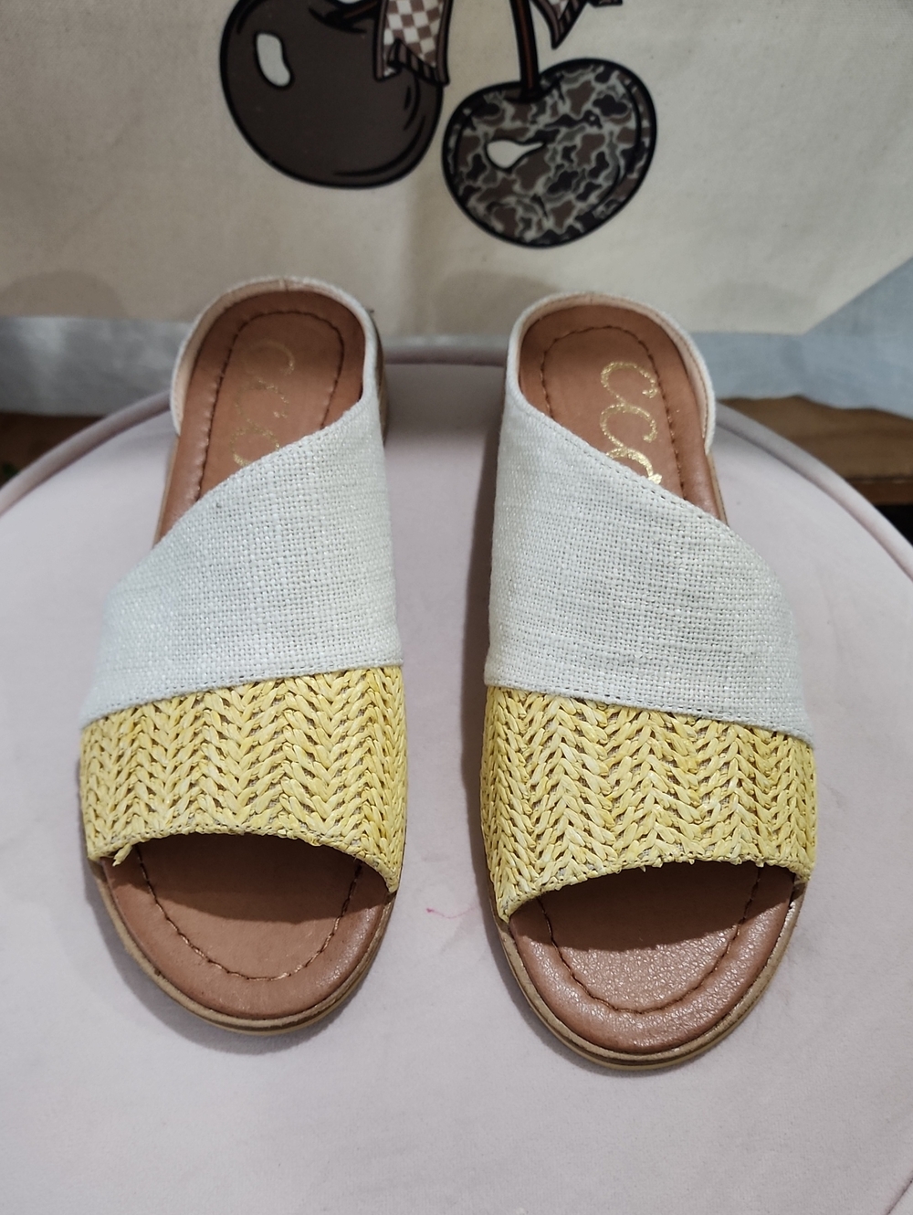 CCOCCI White and Yellow Open-Toe Slide Mules